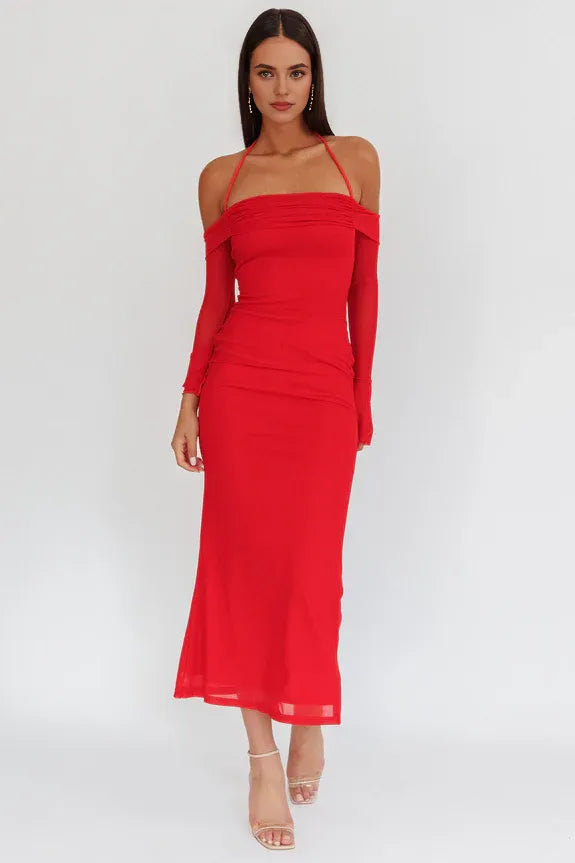 Halter Off-Shoulder Long Sleeves Red Maxi Homecoming Dress Prom Dress