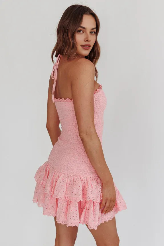 Halter Shirred Drop Waist Pleated Tiered Ruffled Pink Mini Homecoming Dress