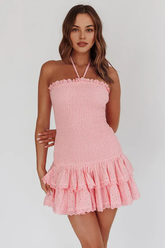 Halter Shirred Drop Waist Pleated Tiered Ruffled Pink Mini Homecoming Dress