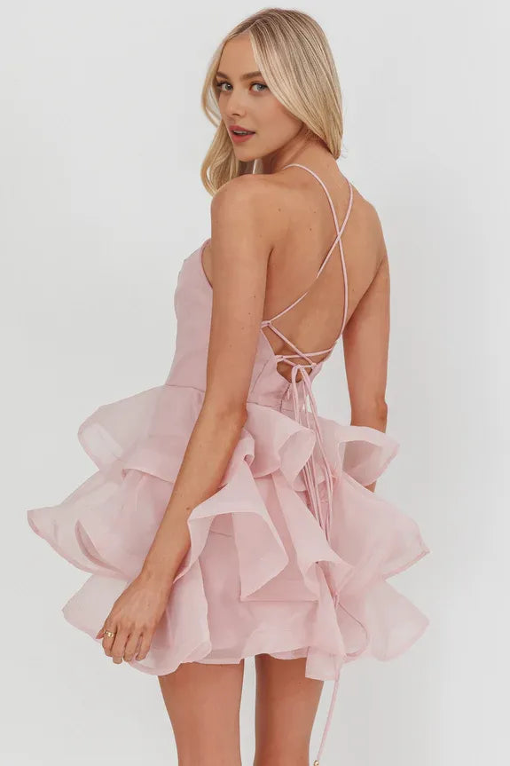 Halter Sleeveless Cross-back straps Layered Ruffle Pink Mini Homecoming Dress