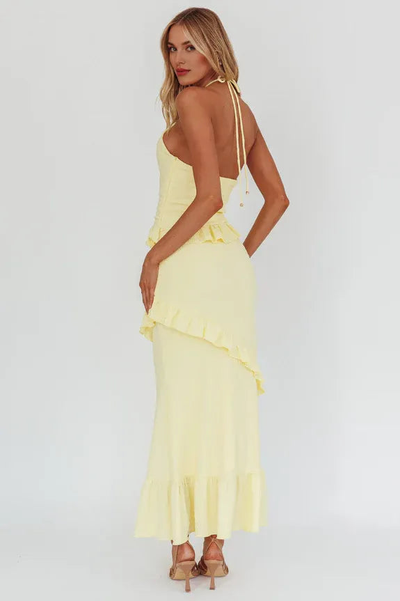 Halter Smocked Frill Trim Open Back Lemon Maxi Evening Dress Party Dress