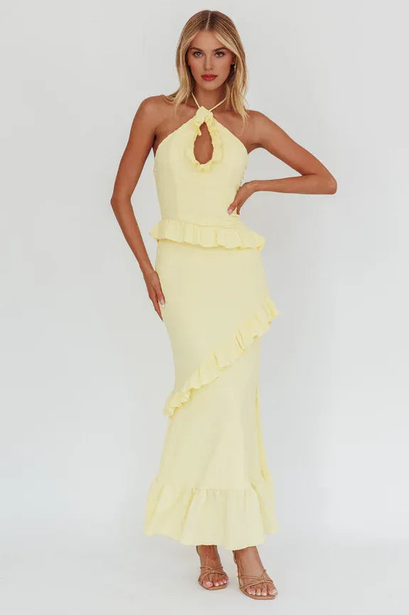Halter Smocked Frill Trim Open Back Lemon Maxi Evening Dress Party Dress