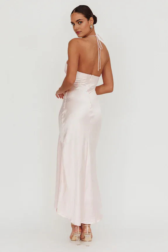 Halter V Neck Chiffon Hem Pink Maxi Homecoming Dress Prom Dress