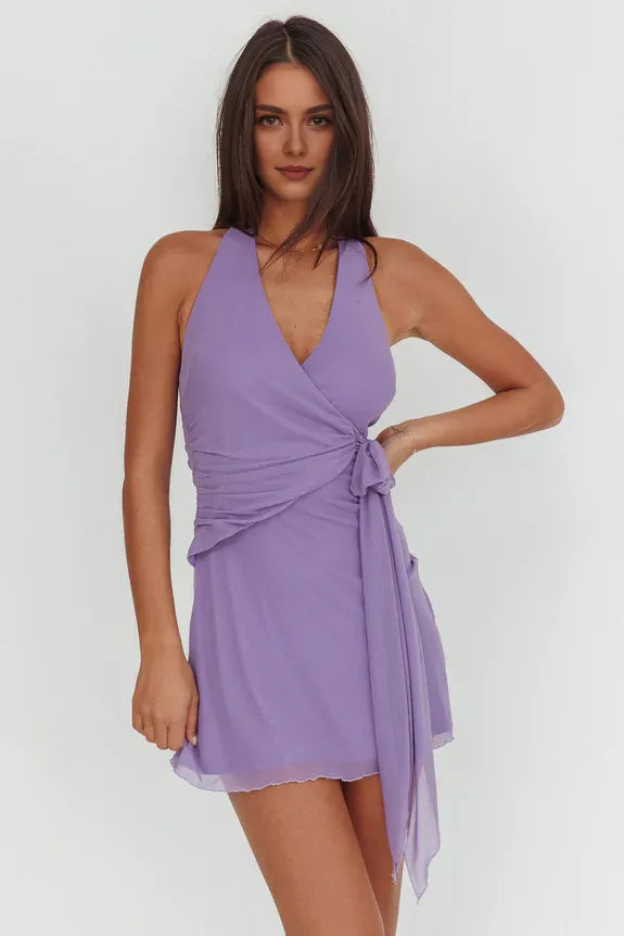 Halter V Neck Wrap Tie Side Purple Mini Homecoming Dress For Ladies Custom