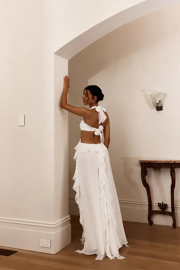 Halter Cut-Out Ruffle Ice Blue Floor Length Prom Dress With Front Split