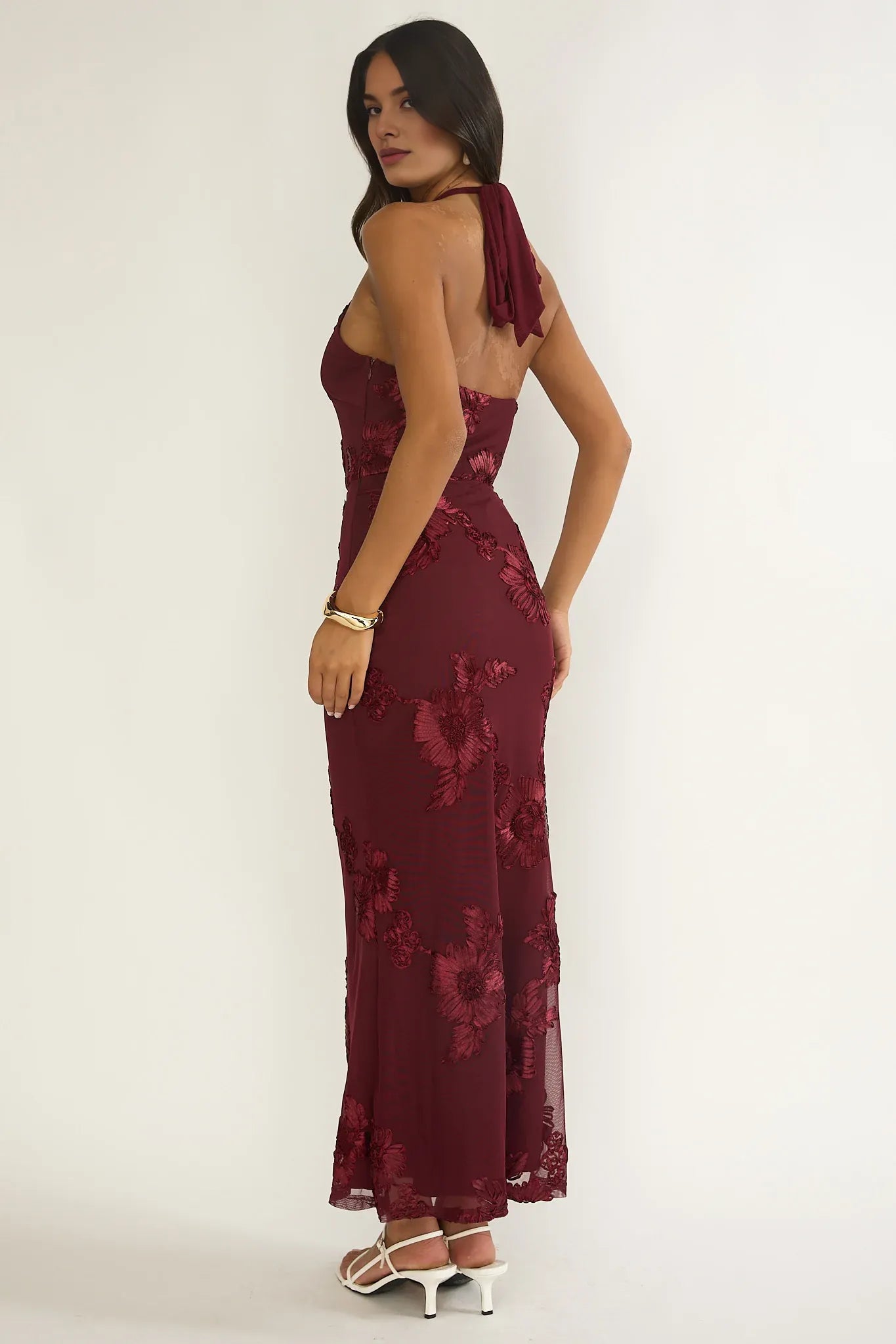 Halter Neck Open Back Floral Embellished Wine Maxi Evening Dress