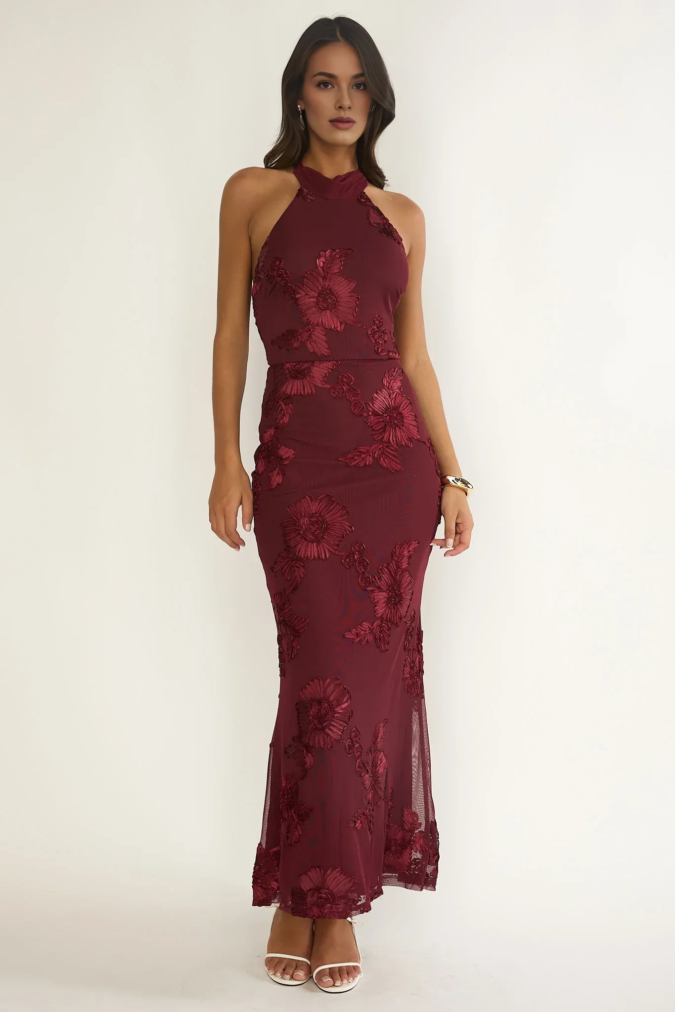 Halter Neck Open Back Floral Embellished Wine Maxi Evening Dress