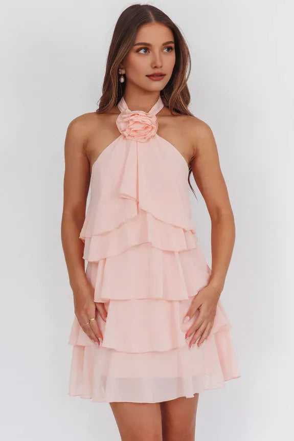 Halter Neck Sleeveless Ruffle Layered White Mini Homecoming Dress