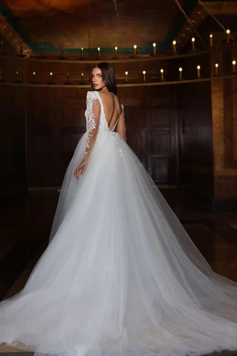 Handmade A-Line Lace Tulle V-Neck Appliques Long Sleeves Open Back Wedding Dress With Slit