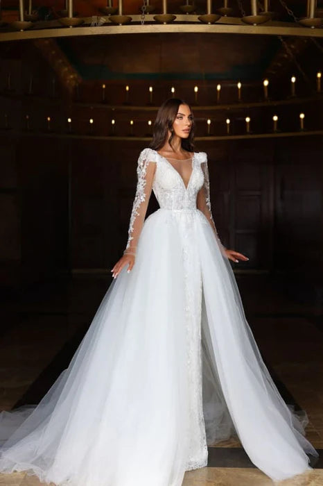 Handmade A-Line Lace Tulle V-Neck Appliques Long Sleeves Open Back Wedding Dress With Slit