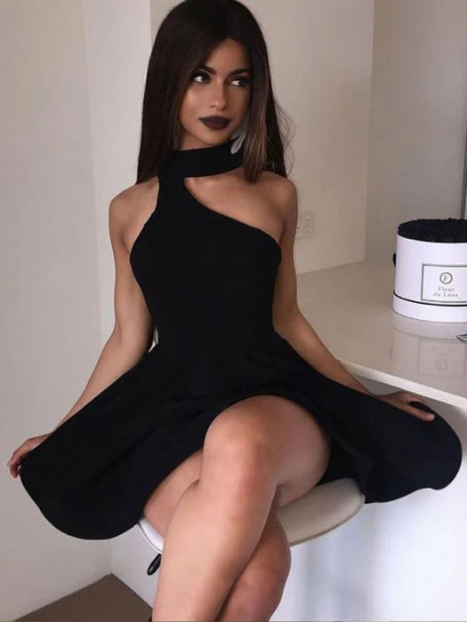 Handmade Chic Red Satin Halter Sleeveless Cut Out Homecoming Dress Short Prom Dress Party Dress