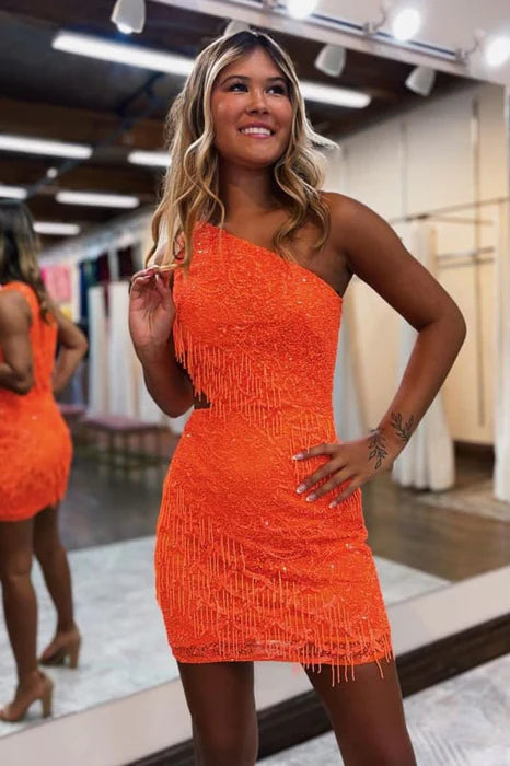 Handmade Orange Sequins One Shoulder Cut Out Short Homecoming Dress With Fringes