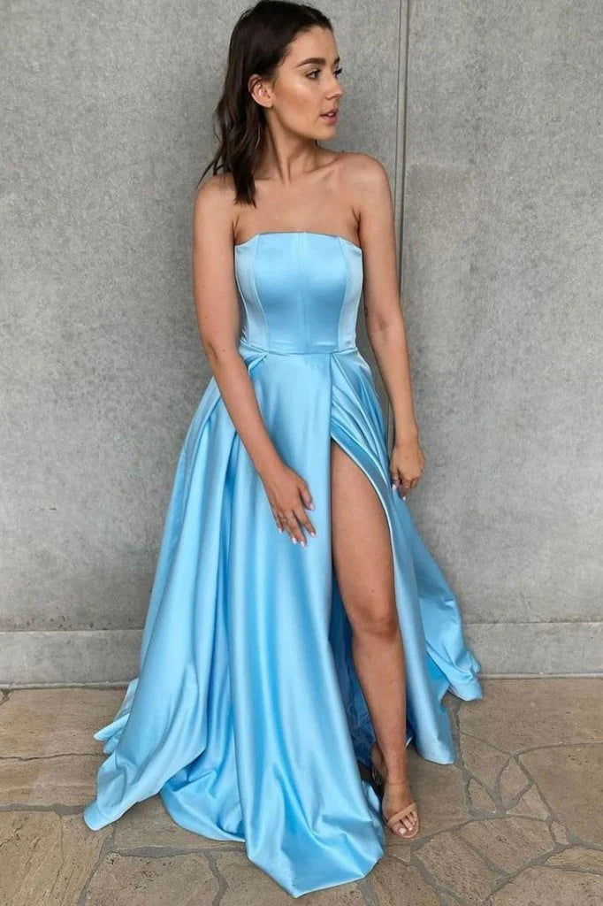 Handmade Simple Blue Satin Strapless Long Ball Gown High Slit Floor Length Bridesmaid Dresses