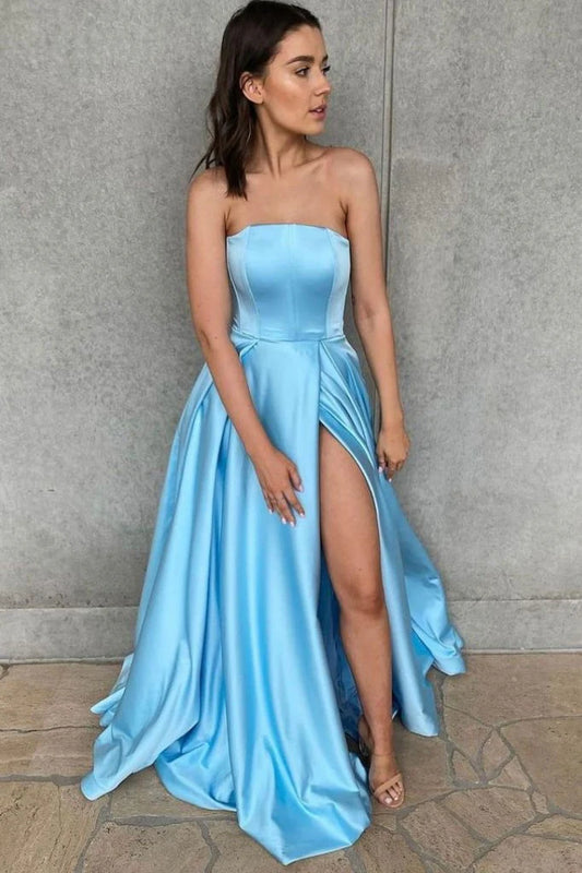 Handmade Simple Blue Satin Strapless Long Ball Gown High Slit Floor Length Bridesmaid Dresses