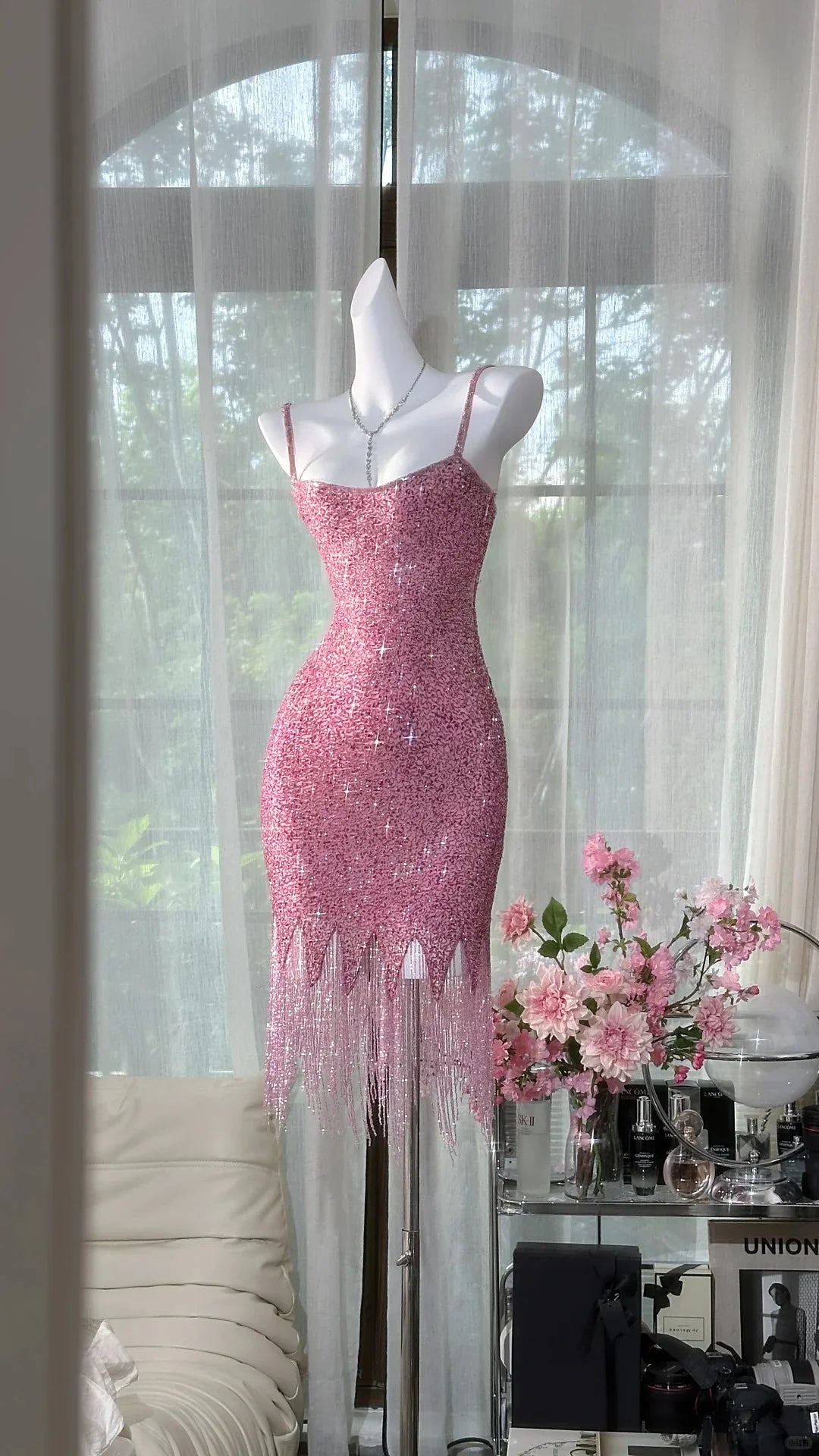 Handmade Vintage Pink Sequins Homecoming Dress Short Party Dress With Fringed Hem