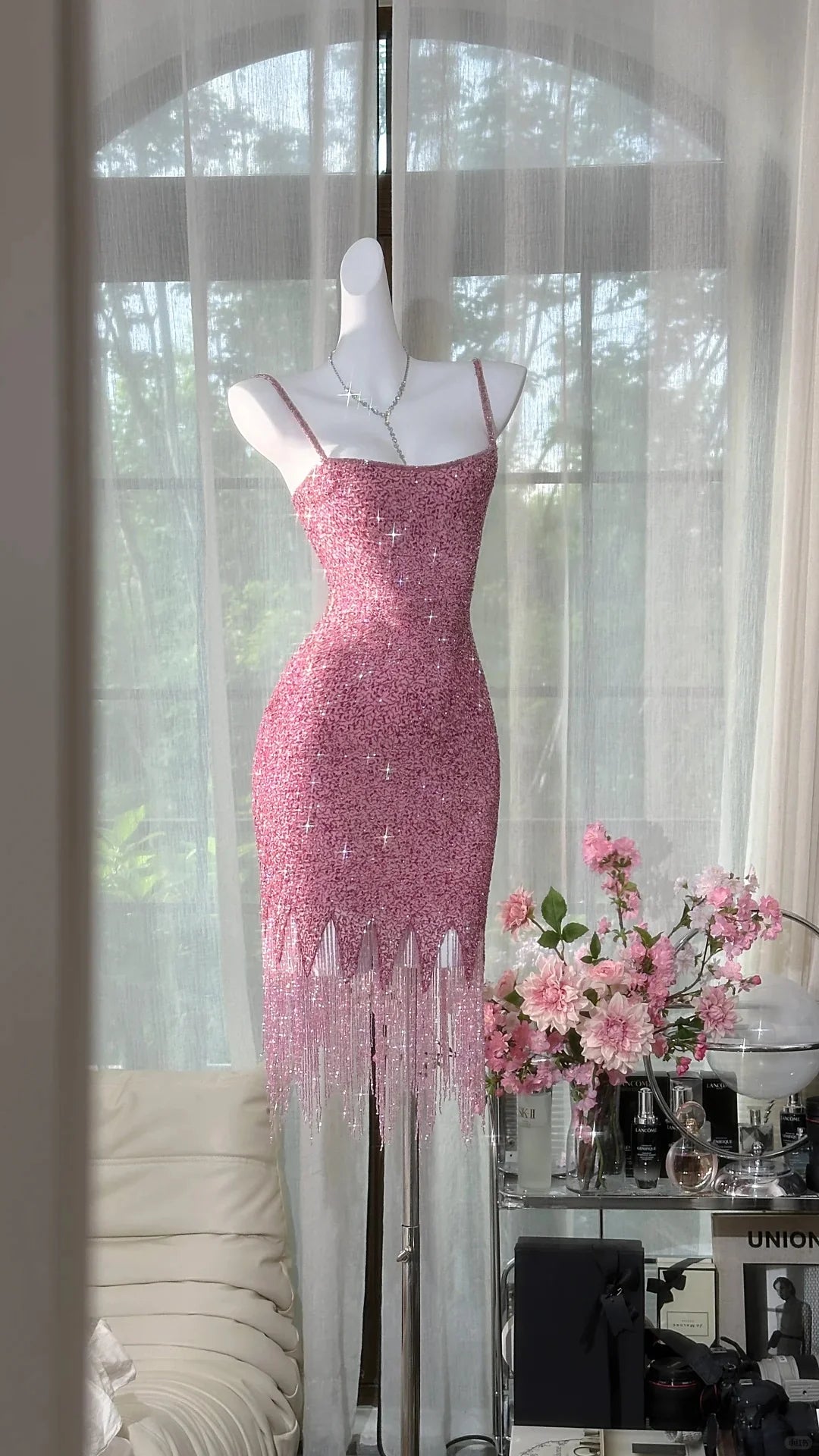 Handmade Vintage Pink Sequins Homecoming Dress Short Party Dress With Fringed Hem
