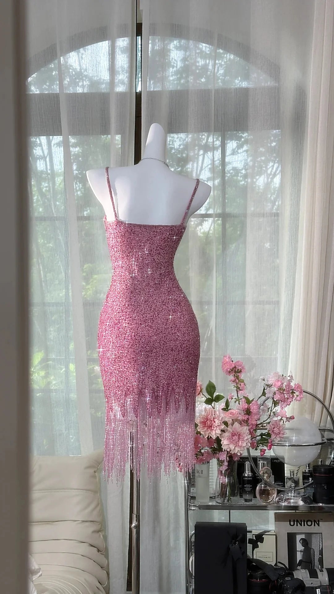 Handmade Vintage Pink Sequins Homecoming Dress Short Party Dress With Fringed Hem