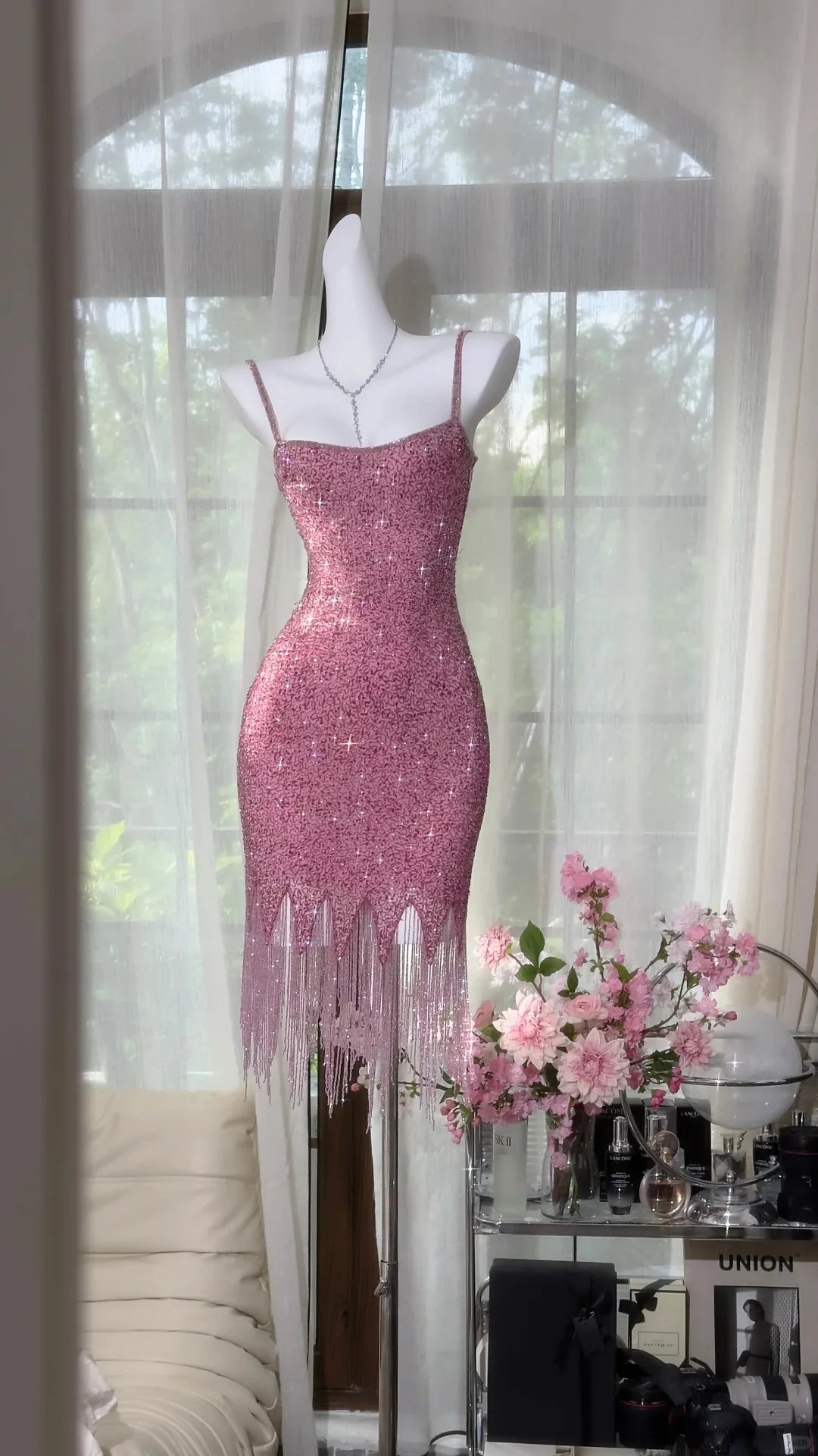 Handmade Vintage Pink Sequins Homecoming Dress Short Party Dress With Fringed Hem