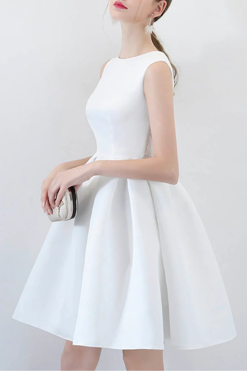 Handmade White Satin Short Zipper Back Homecoming Dresses A-Line Cocktail dresses With Bow
