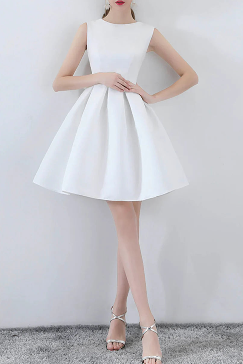 Handmade White Satin Short Zipper Back Homecoming Dresses A-Line Cocktail dresses With Bow