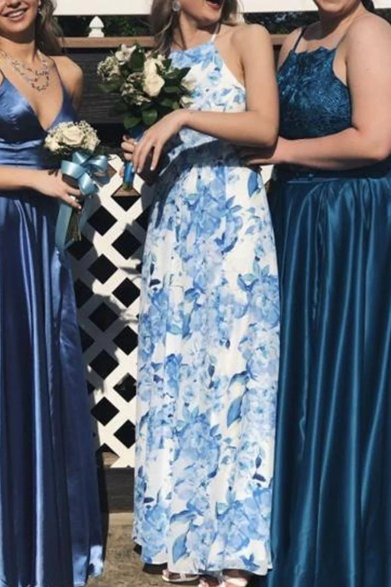 Hollow Blue Cute Off Shoulder A-line Printed Tie Long Formal Prom Dress