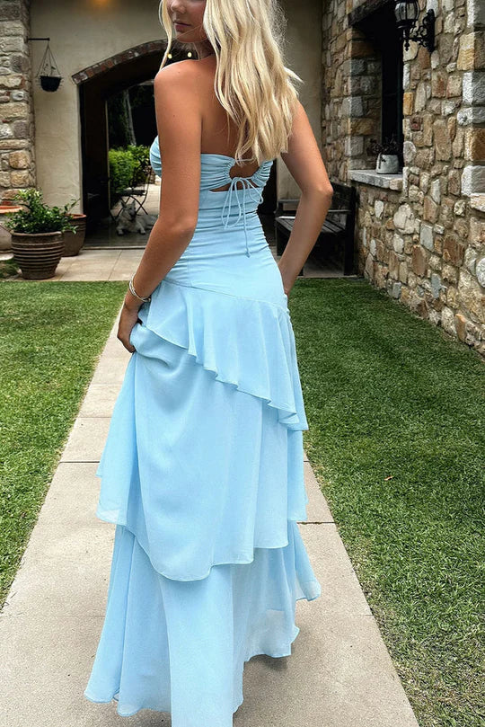 Blue Chiffon Hollow Tube Top Off Shoulder Ruffled Sleeveless Long Prom Dresses