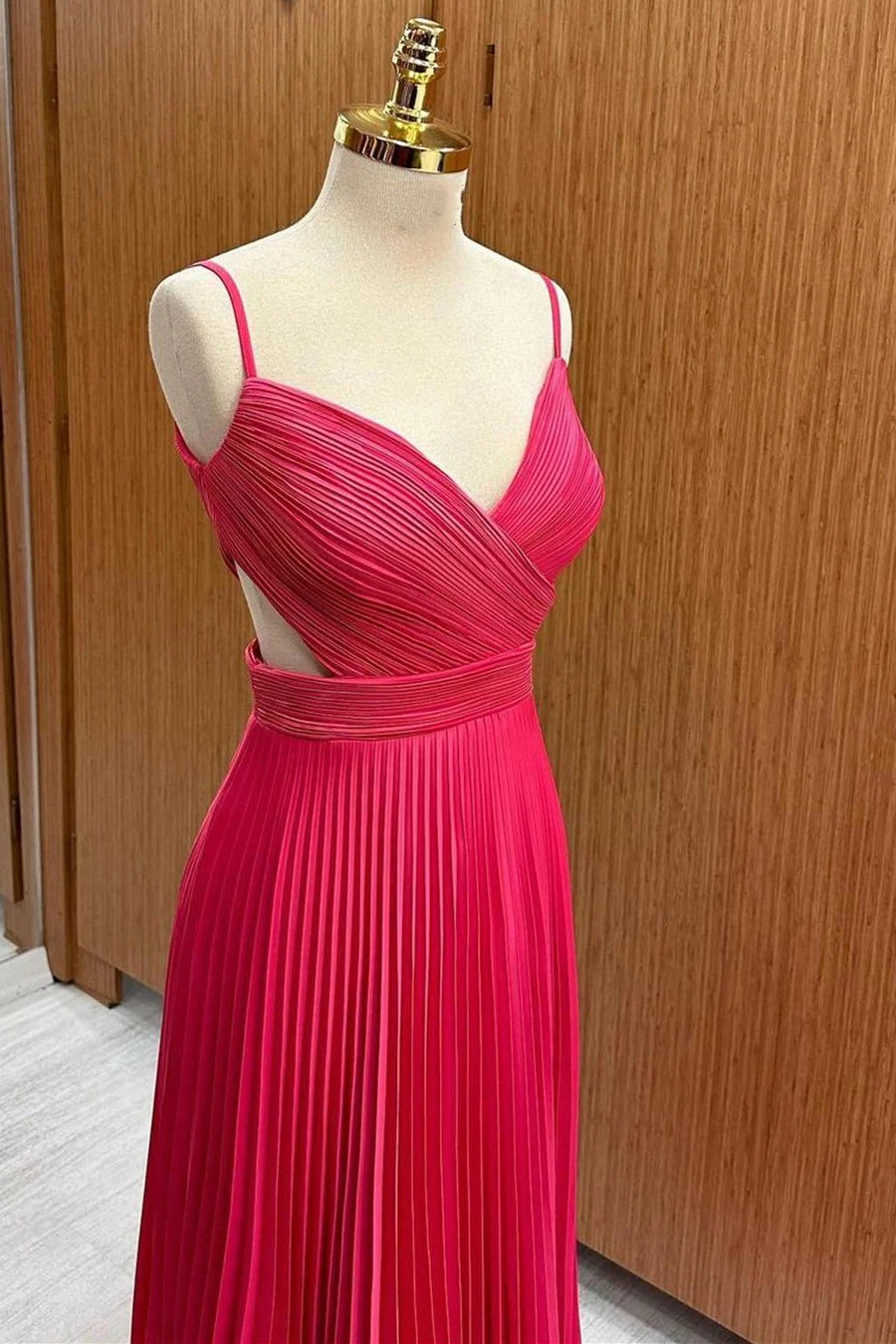 Hot Pink Chiffon Spaghetti Straps Pleated Waist Cutout Bridesmaid Dresses