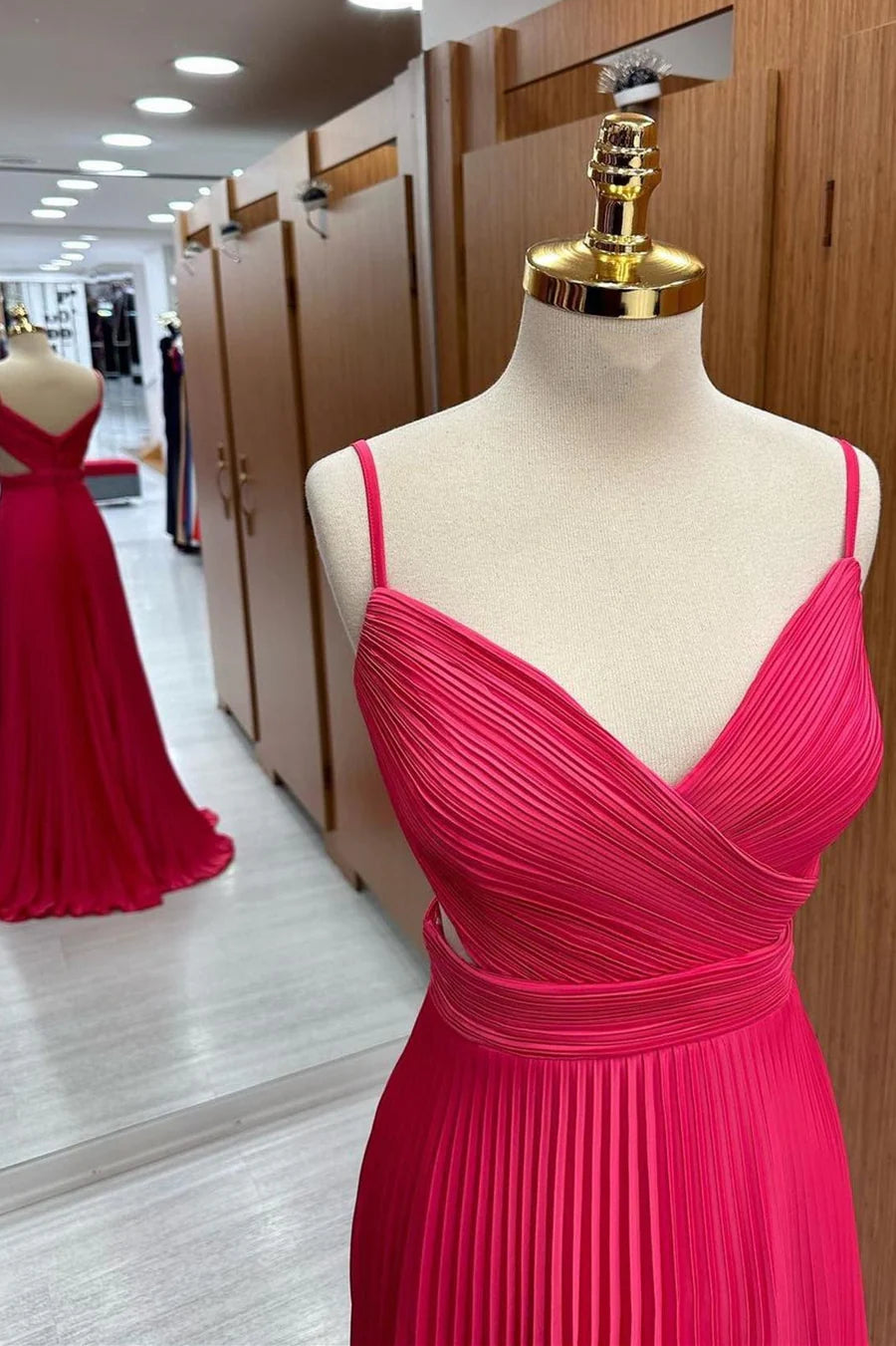 Hot Pink Chiffon Spaghetti Straps Pleated Waist Cutout Bridesmaid Dresses