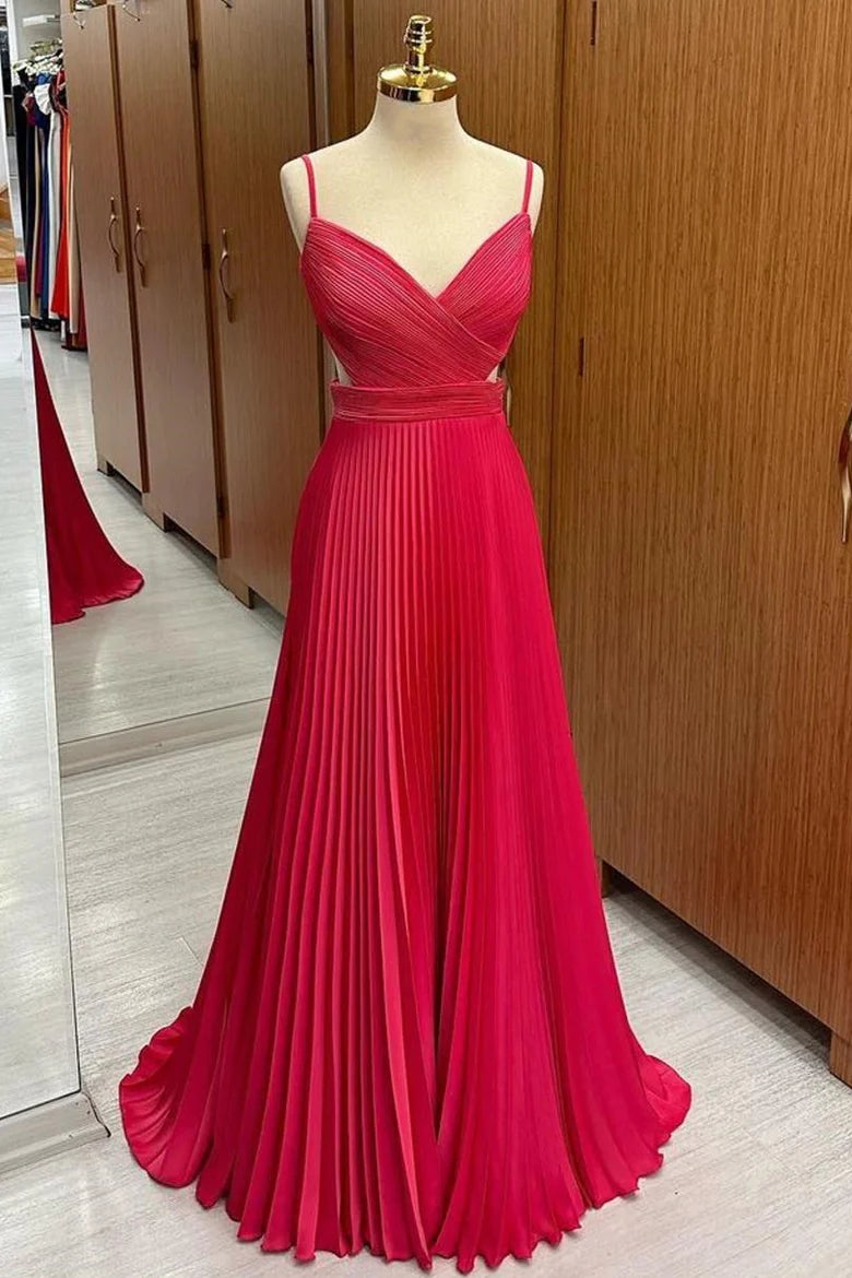 Hot Pink Chiffon Spaghetti Straps Pleated Waist Cutout Bridesmaid Dresses