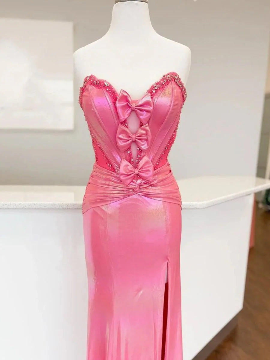 Hot Pink Satin Strapless Sweetheart Neck Mermaid Slit Sweep Train Prom Dress With Bowknot