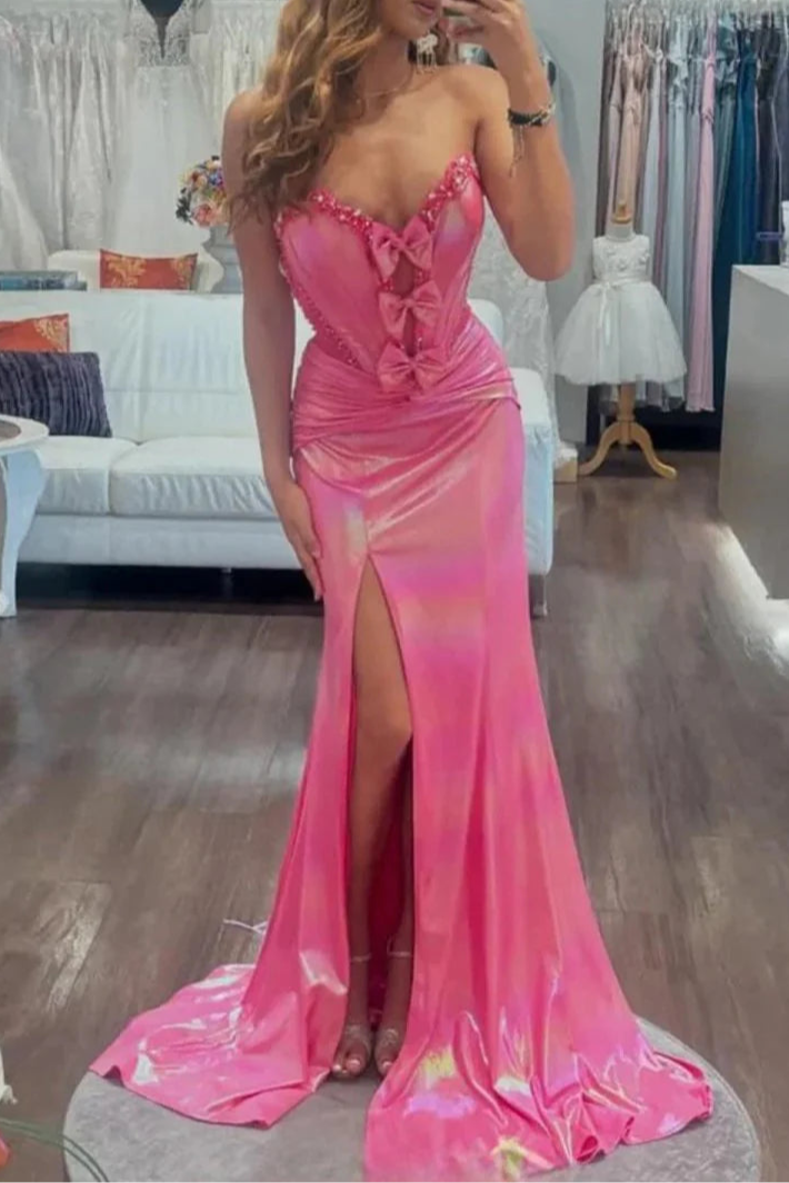 Hot Pink Satin Strapless Sweetheart Neck Mermaid Slit Sweep Train Prom Dress With Bowknot