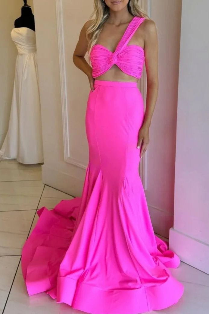 Hot Pink Satin Two Piece One Shoulder Mermaid Prom Dress With Sweep Train Hot Sale Party Dresses for Ladies