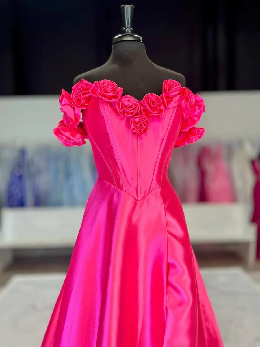 Hot Pink Sweetheart Collar Rose Off the Shoulder Corset Bodice A-Line Slit Long Evening Dress