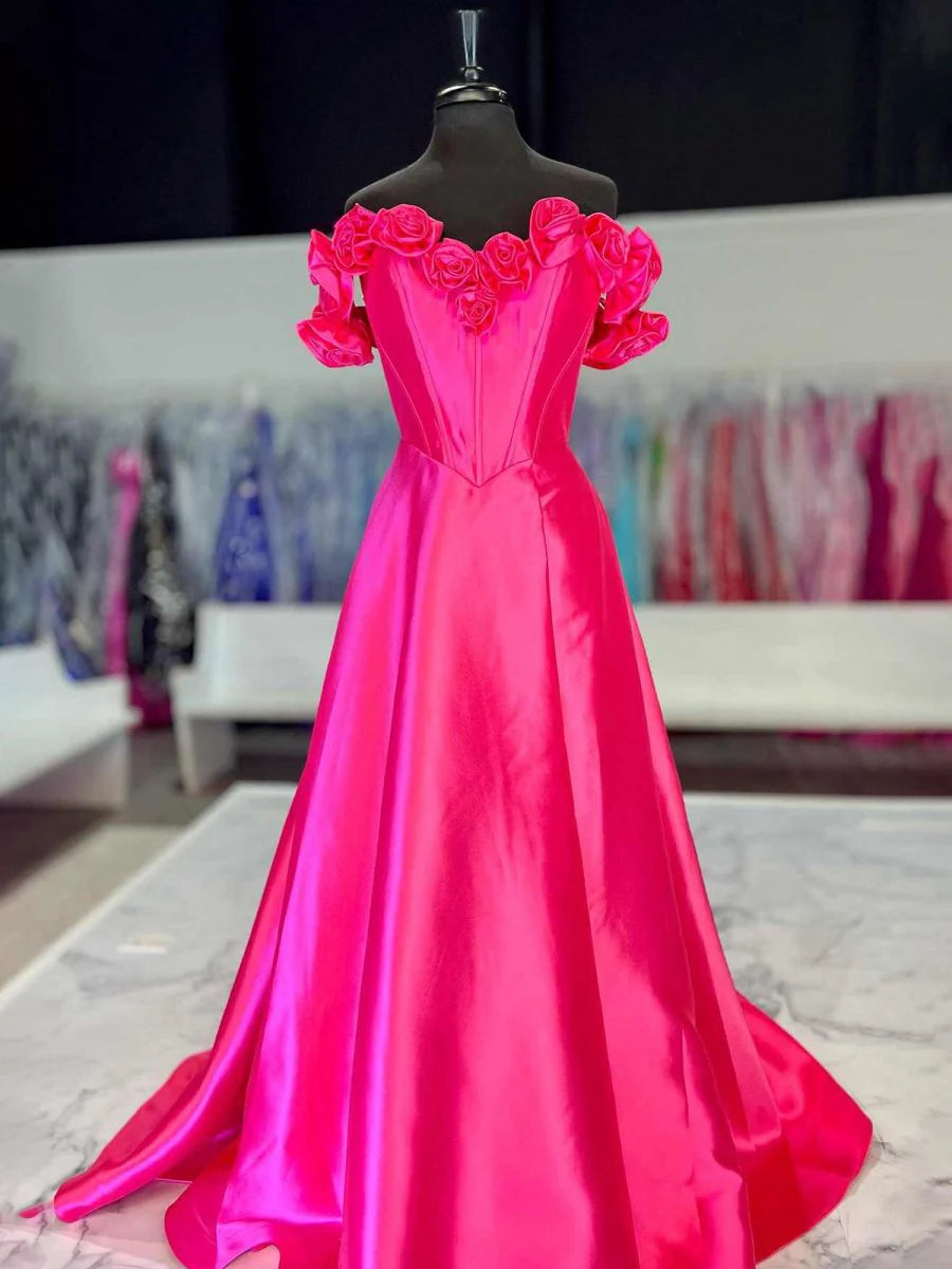 Hot Pink Sweetheart Collar Rose Off the Shoulder Corset Bodice A-Line Slit Long Evening Dress