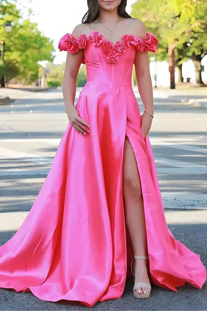 Hot Pink Sweetheart Collar Rose Off the Shoulder Corset Bodice A-Line Slit Long Evening Dress