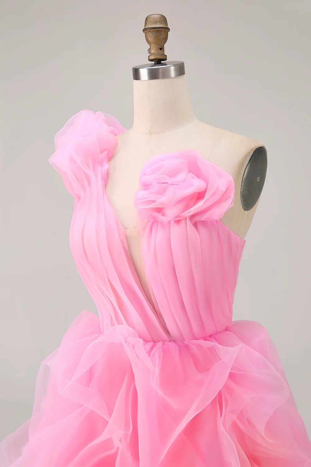 Hot Pink Tulle Cut Out Pleated A Line One Shoulder Ruffled Short Homecoming Dress With Train