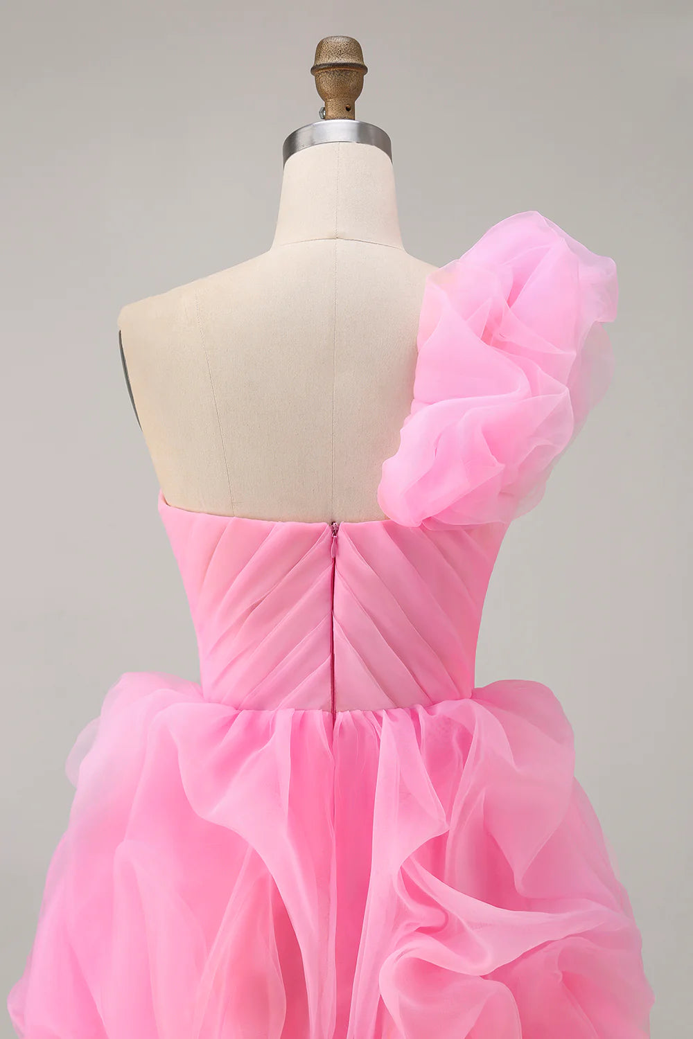 Hot Pink Tulle Cut Out Pleated A Line One Shoulder Ruffled Short Homecoming Dress With Train