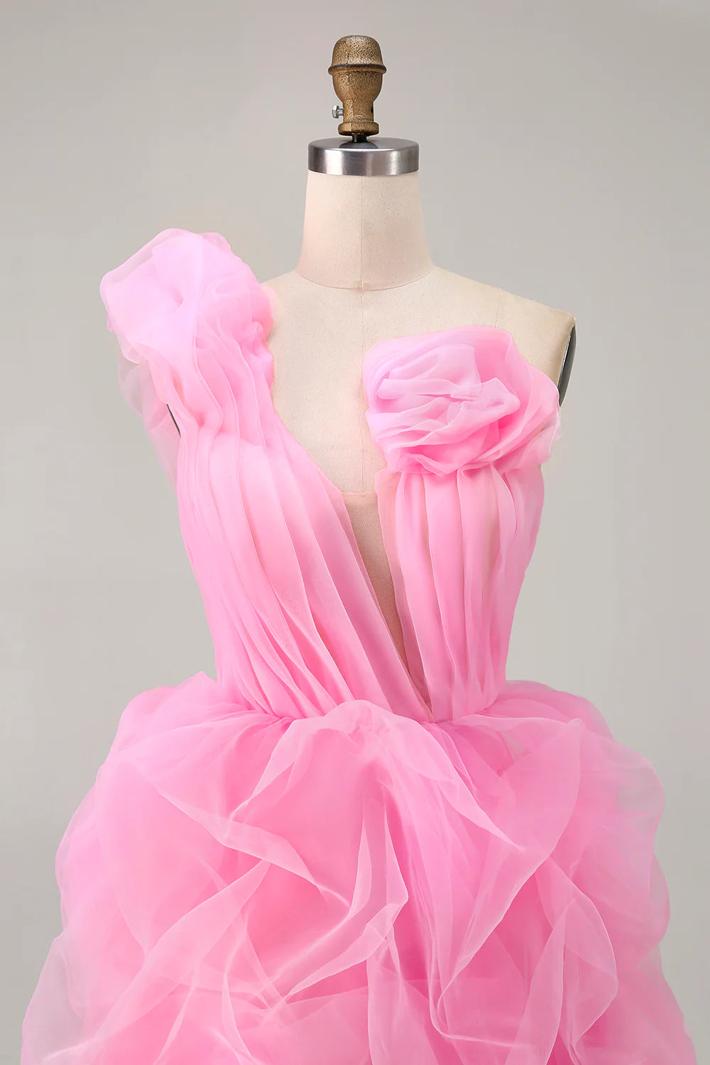 Hot Pink Tulle Cut Out Pleated A Line One Shoulder Ruffled Short Homecoming Dress With Train