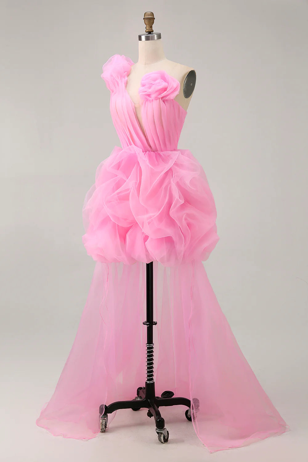 Hot Pink Tulle Cut Out Pleated A Line One Shoulder Ruffled Short Homecoming Dress With Train