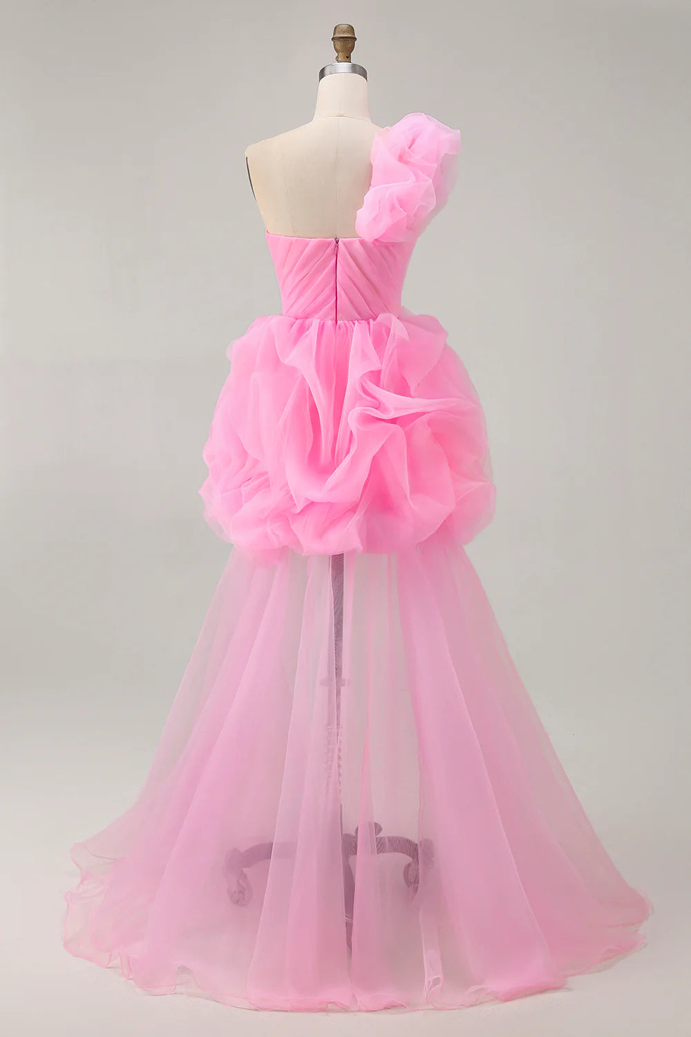 Hot Pink Tulle Cut Out Pleated A Line One Shoulder Ruffled Short Homecoming Dress With Train
