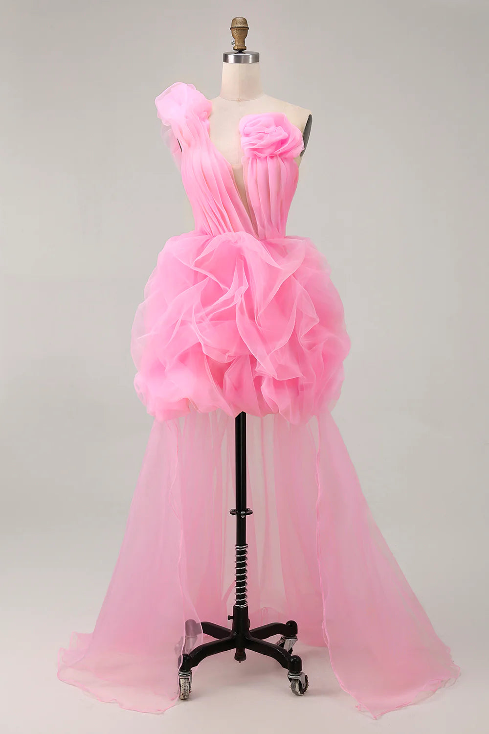 Hot Pink Tulle Cut Out Pleated A Line One Shoulder Ruffled Short Homecoming Dress With Train