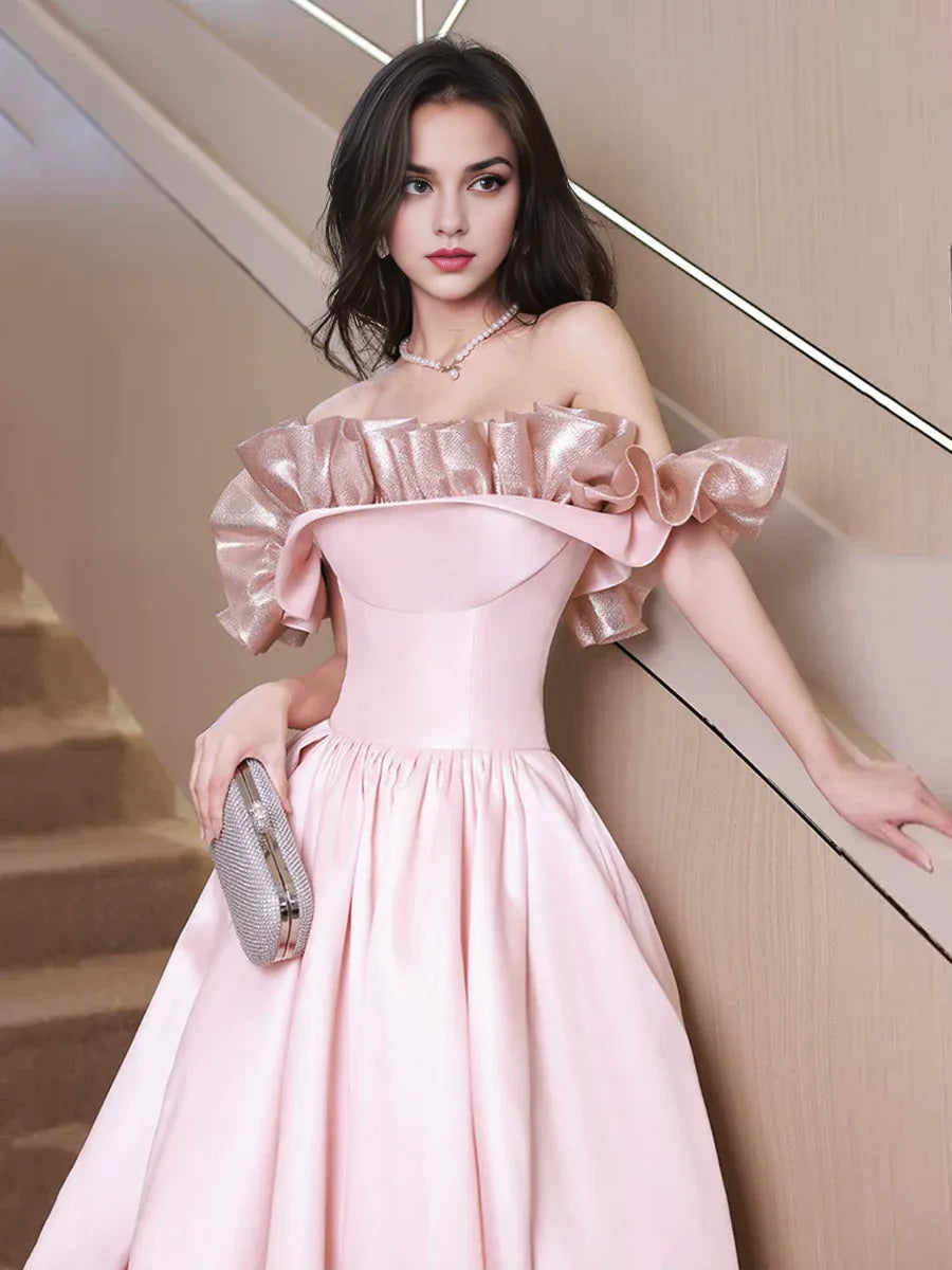 Hot Sale A-Line Off Shoulder Ruffle Satin Pink Floor Length Formal Dress