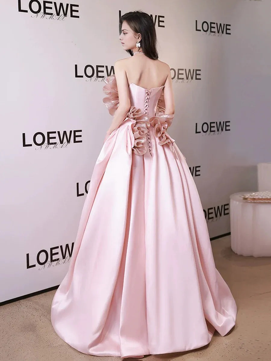 Hot Sale A-Line Off Shoulder Ruffle Satin Pink Floor Length Formal Dress