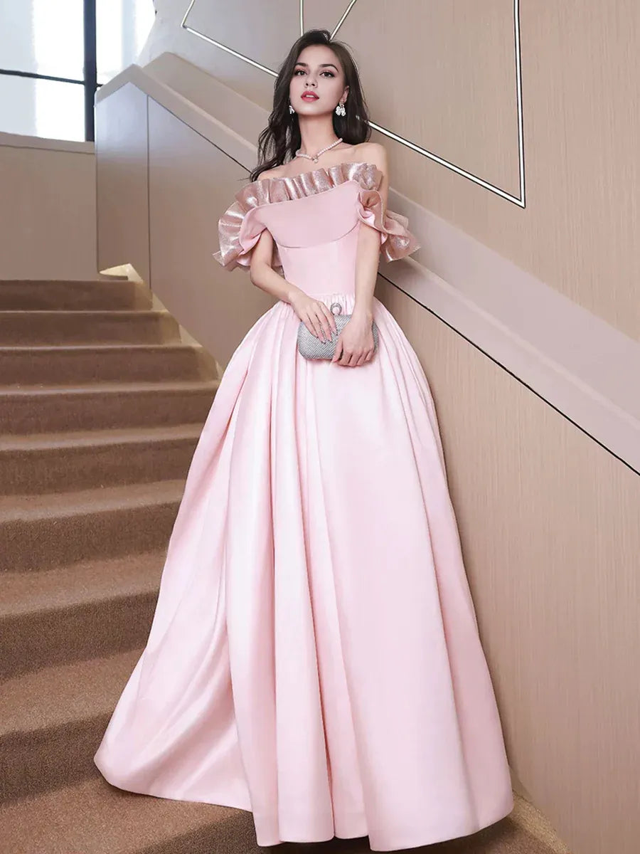 Hot Sale A-Line Off Shoulder Ruffle Satin Pink Floor Length Formal Dress