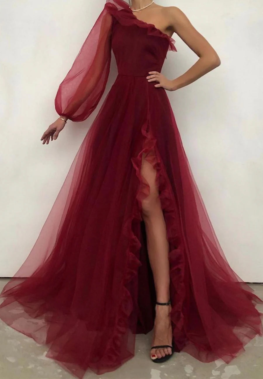 Hot Sale A-Line One Shoulder Ruffle Tulle Burgundy Long Prom Dresses Evening Dresses