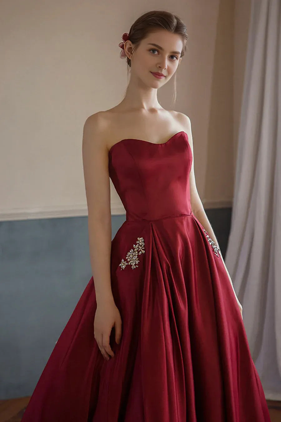 Hot Sale A-Line Strapless Rhinestones Satin Burgundy Long Prom Dresses With Pockets
