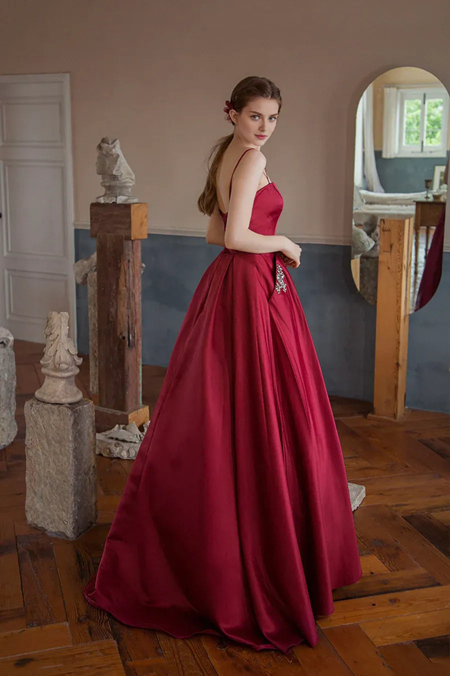 Hot Sale A-Line Strapless Rhinestones Satin Burgundy Long Prom Dresses With Pockets