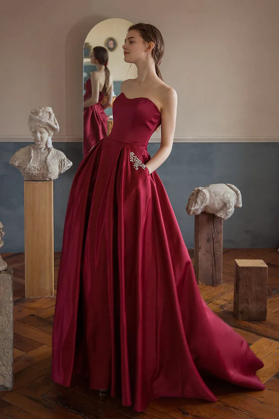 Hot Sale A-Line Strapless Rhinestones Satin Burgundy Long Prom Dresses With Pockets