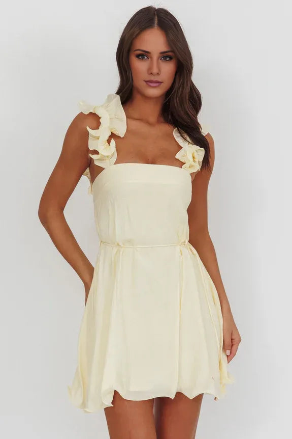 Hot Sale Casual Lettuce Edge Strap Butter Mini Homecoming Dress With tie waist