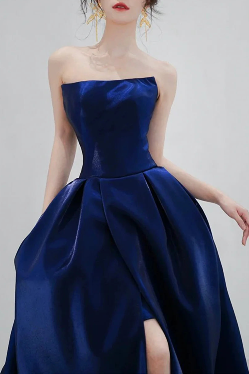 Hot Sale Elegant Royal Blue Satin Strapless Long Prom Dress A-Line Evening Party Dress With Slit